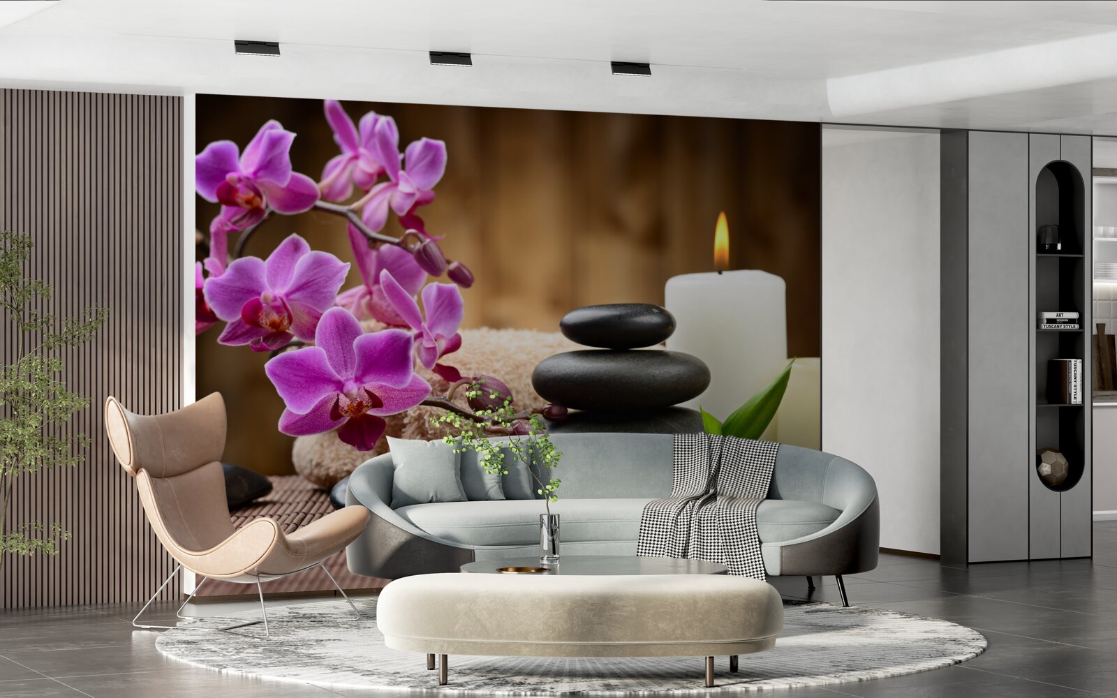 Fototapeta orchidea otoczona świecami i kamieniami