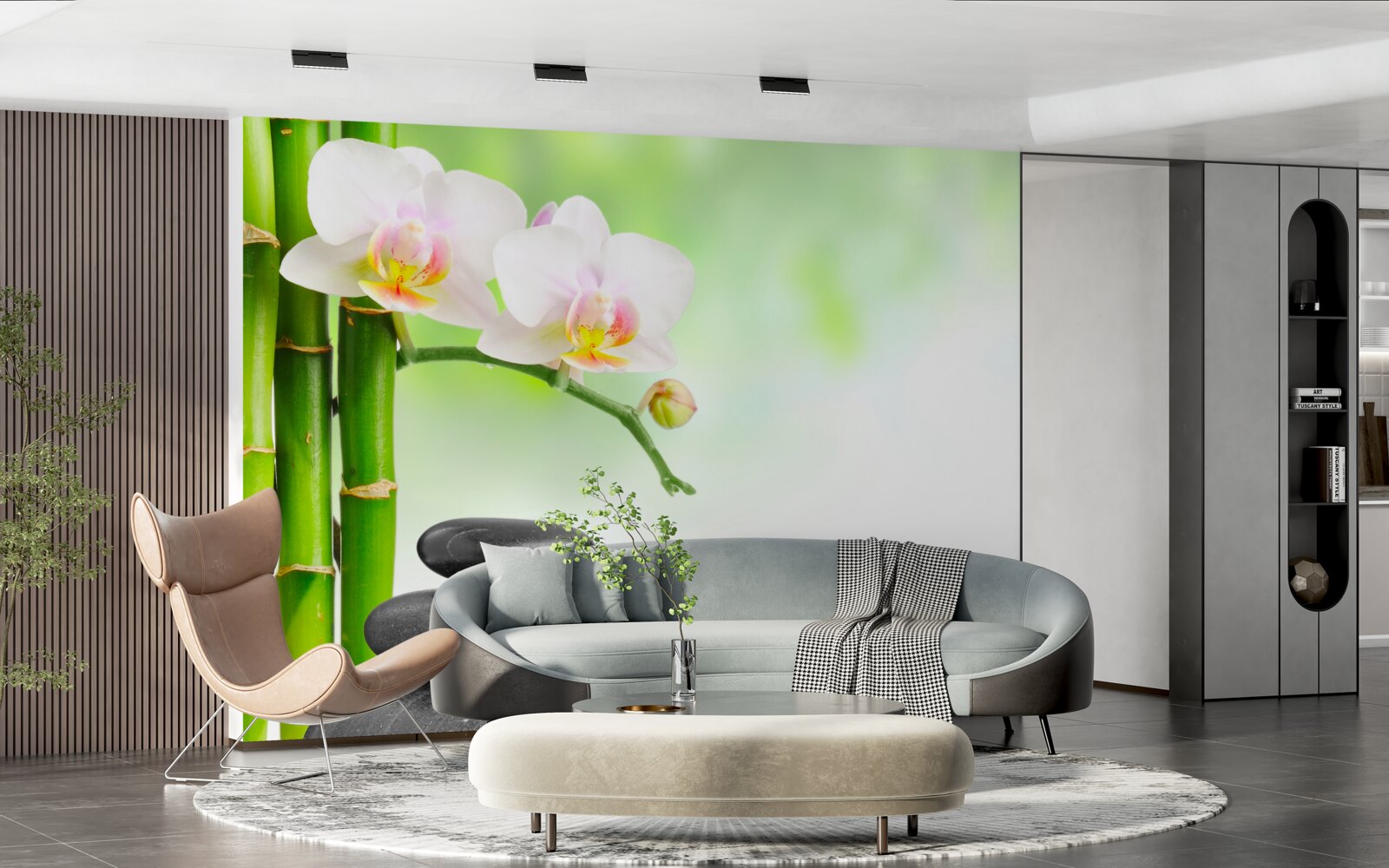 Fototapeta biała orchidea, kamienie i bambus