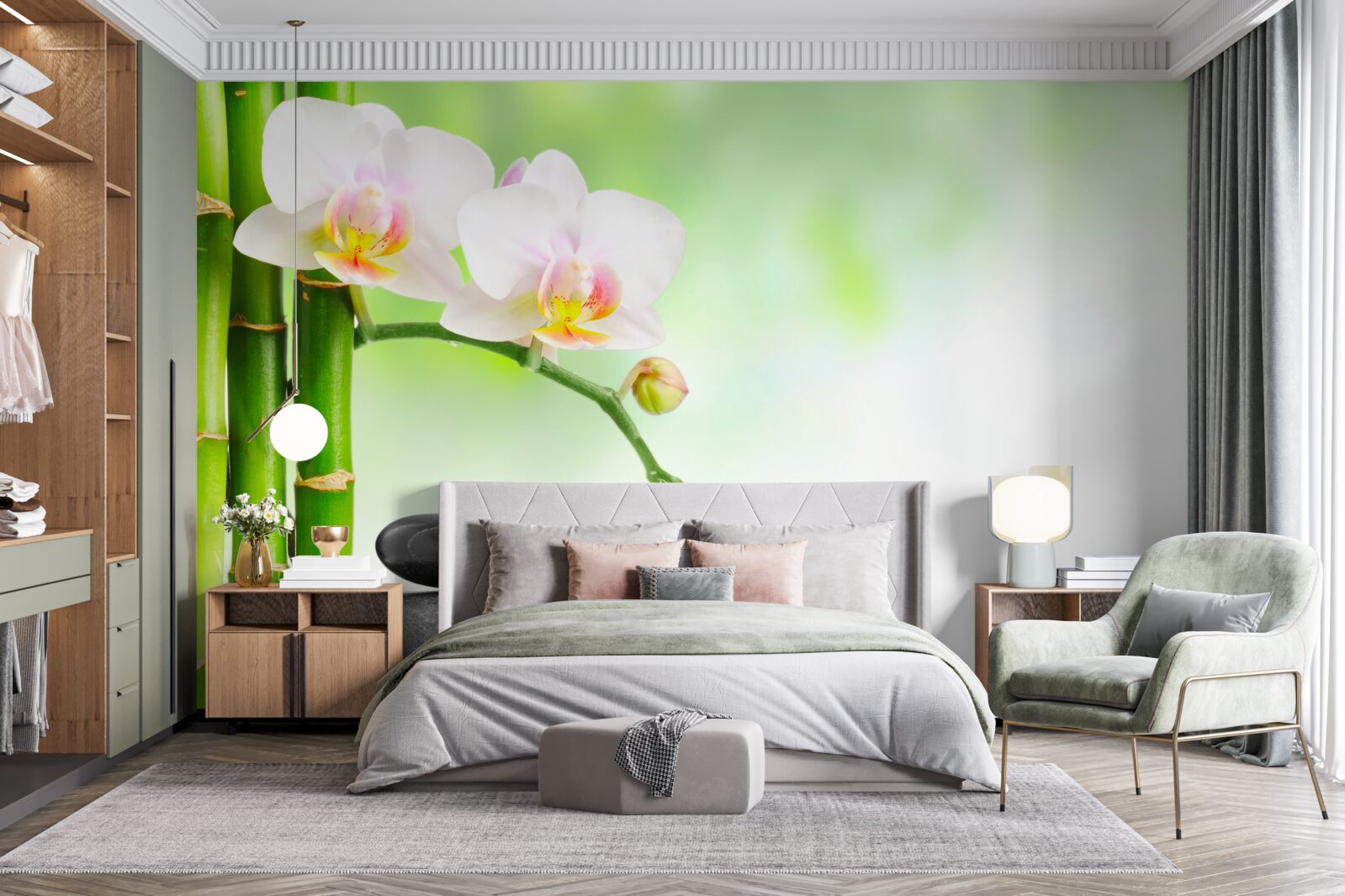 Fototapeta biała orchidea, kamienie i bambus