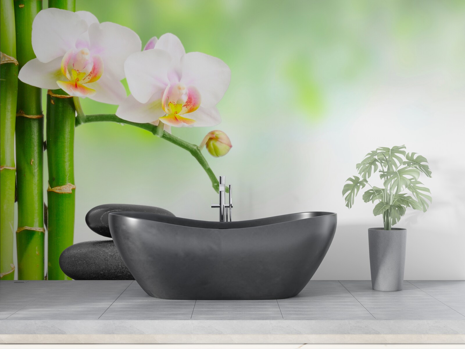 Fototapeta biała orchidea, kamienie i bambus