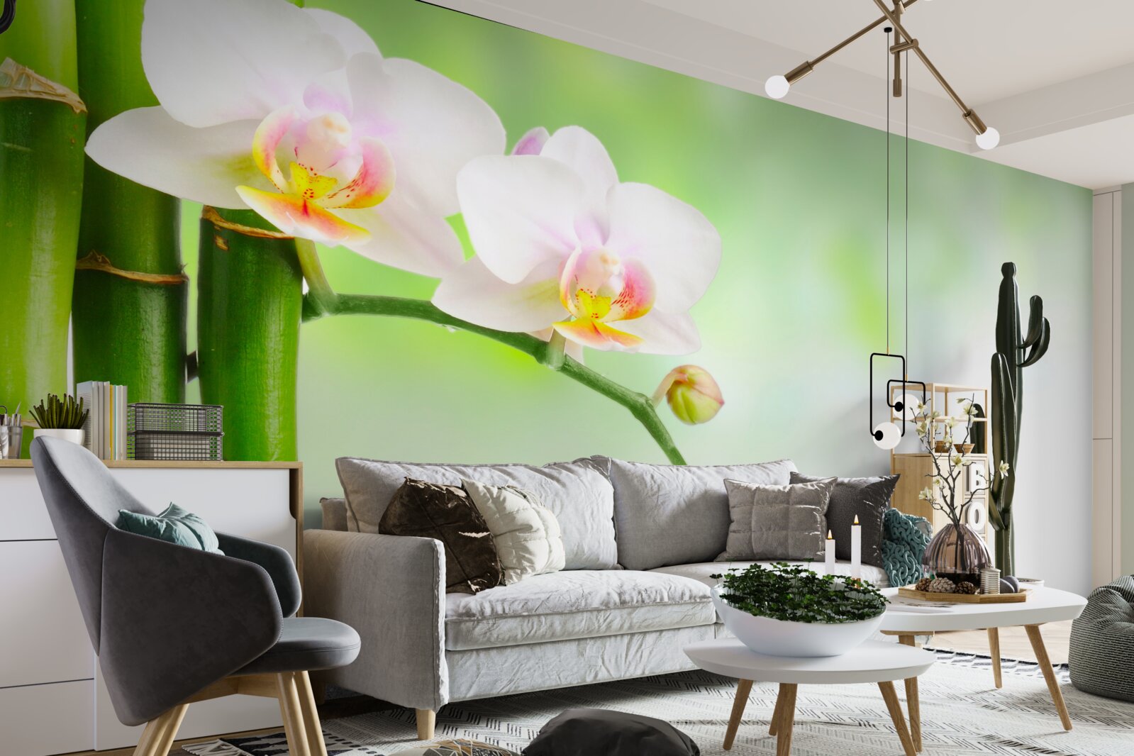Fototapeta biała orchidea, kamienie i bambus