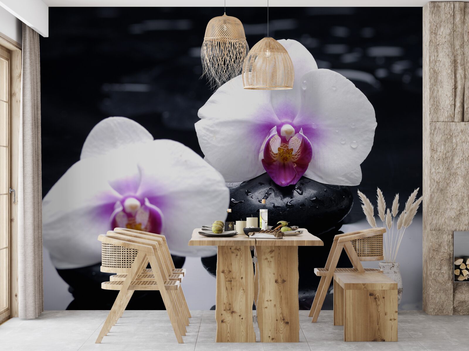 Fototapeta Śnieżnobiała orchidea umieszczona na czarnych blokach