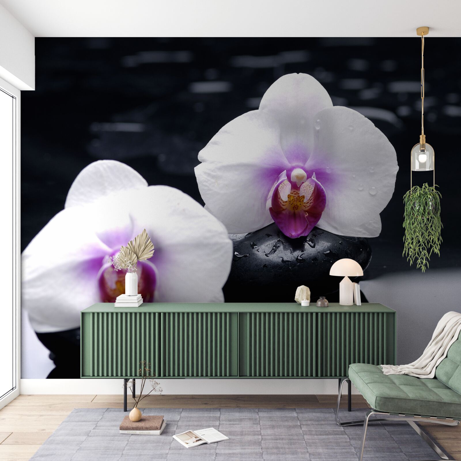 Fototapeta Śnieżnobiała orchidea umieszczona na czarnych blokach