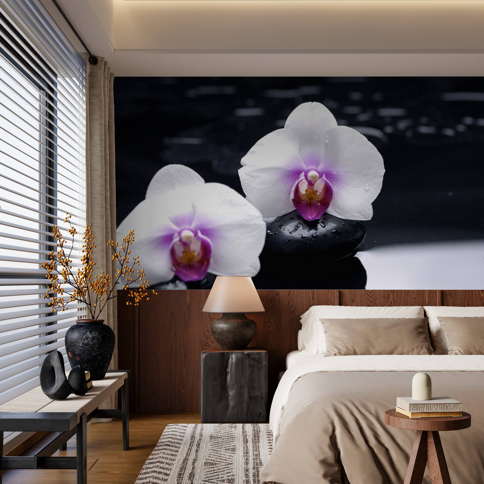 Fototapeta Śnieżnobiała orchidea umieszczona na czarnych blokach