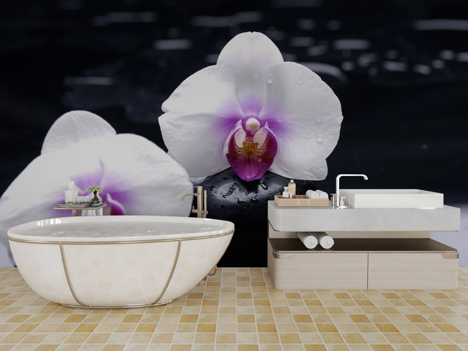 Fototapeta Śnieżnobiała orchidea umieszczona na czarnych blokach