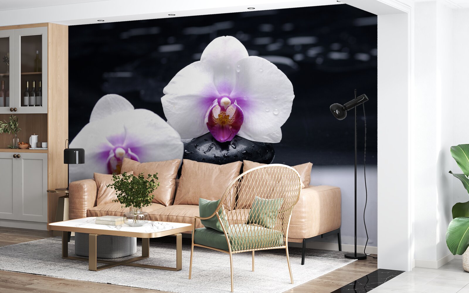 Fototapeta Śnieżnobiała orchidea umieszczona na czarnych blokach