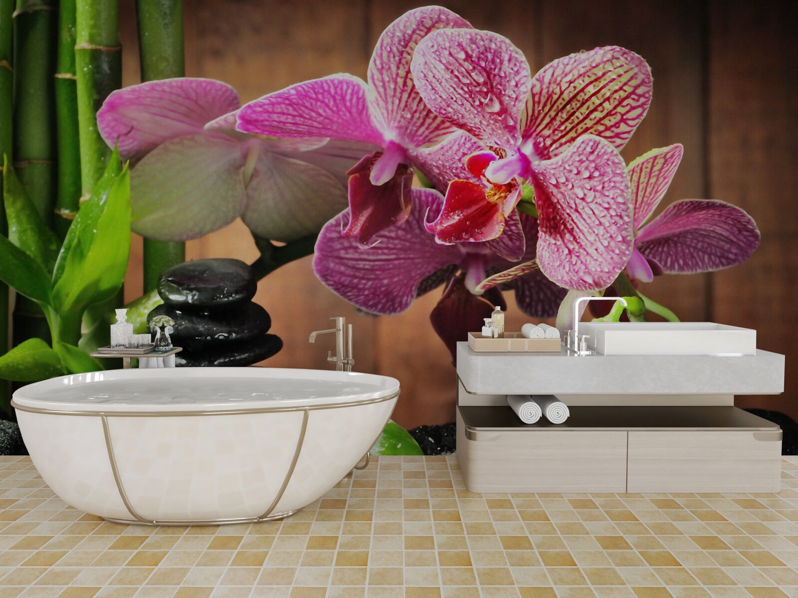 Fototapeta karmazynowa orchidea wśród kamieni