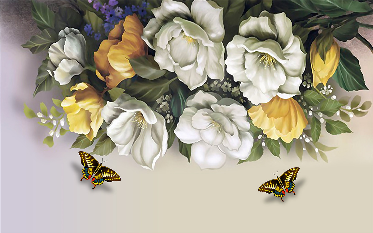 Fototapeta dwa lepidoptery w biało-żółtych tulipanach