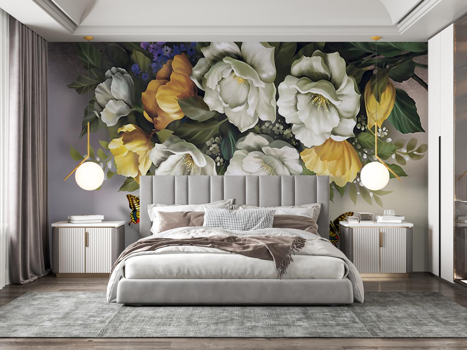 Fototapeta dwa lepidoptery w biało-żółtych tulipanach