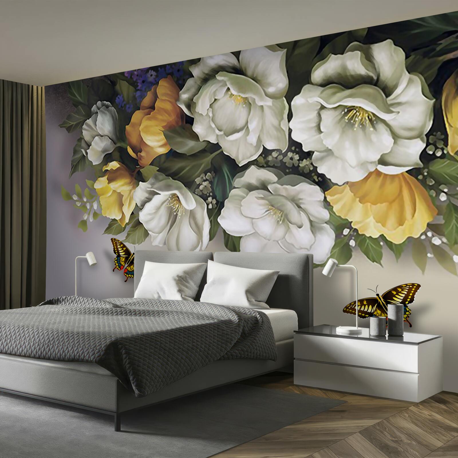 Fototapeta dwa lepidoptery w biało-żółtych tulipanach