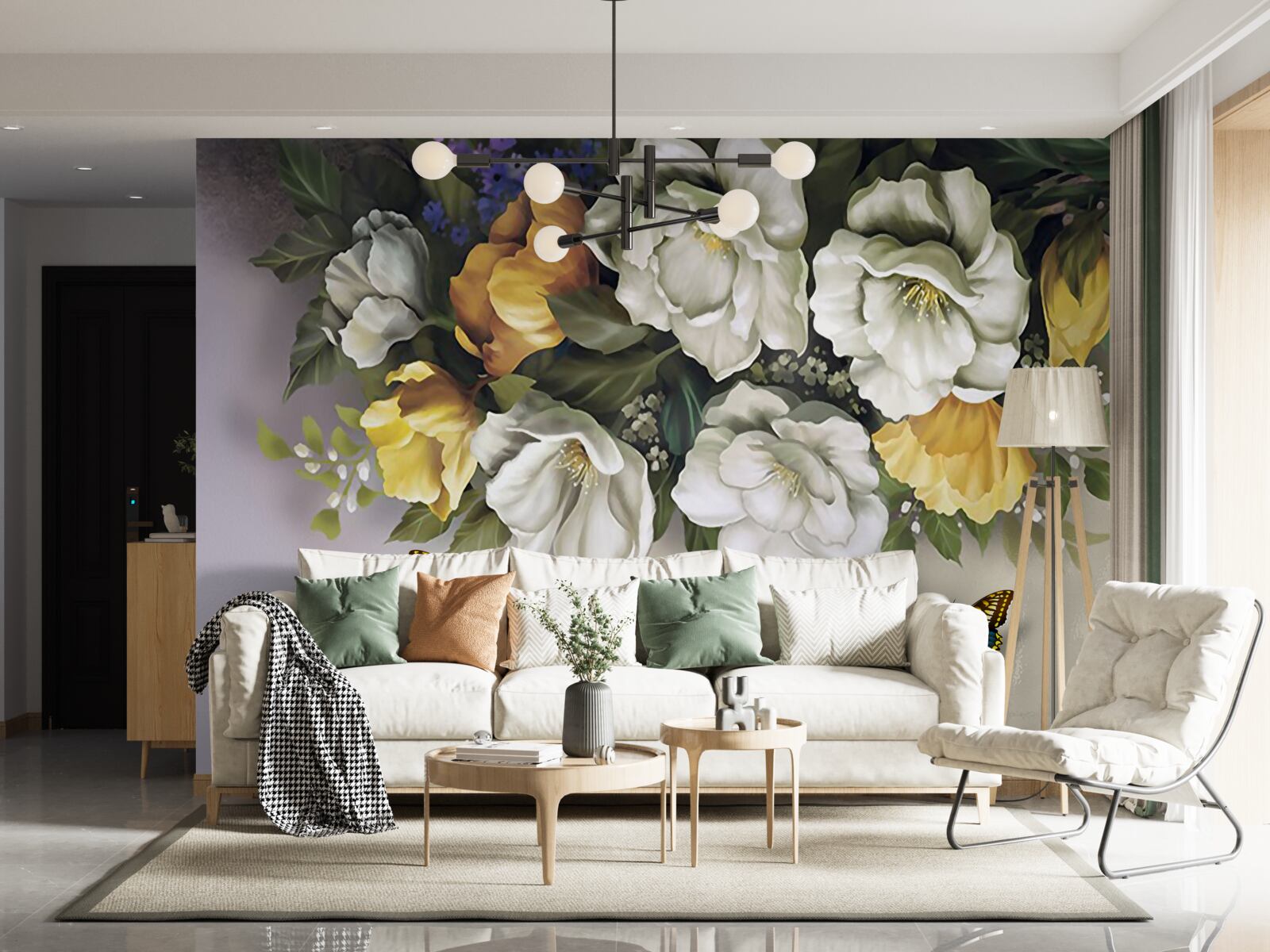 Fototapeta dwa lepidoptery w biało-żółtych tulipanach
