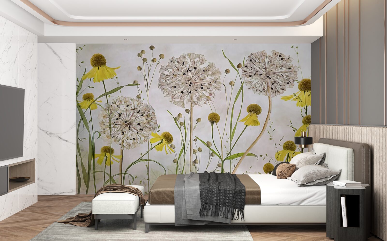 Fototapeta kwiaty mniszka lekarskiego na łące i żółtej florze