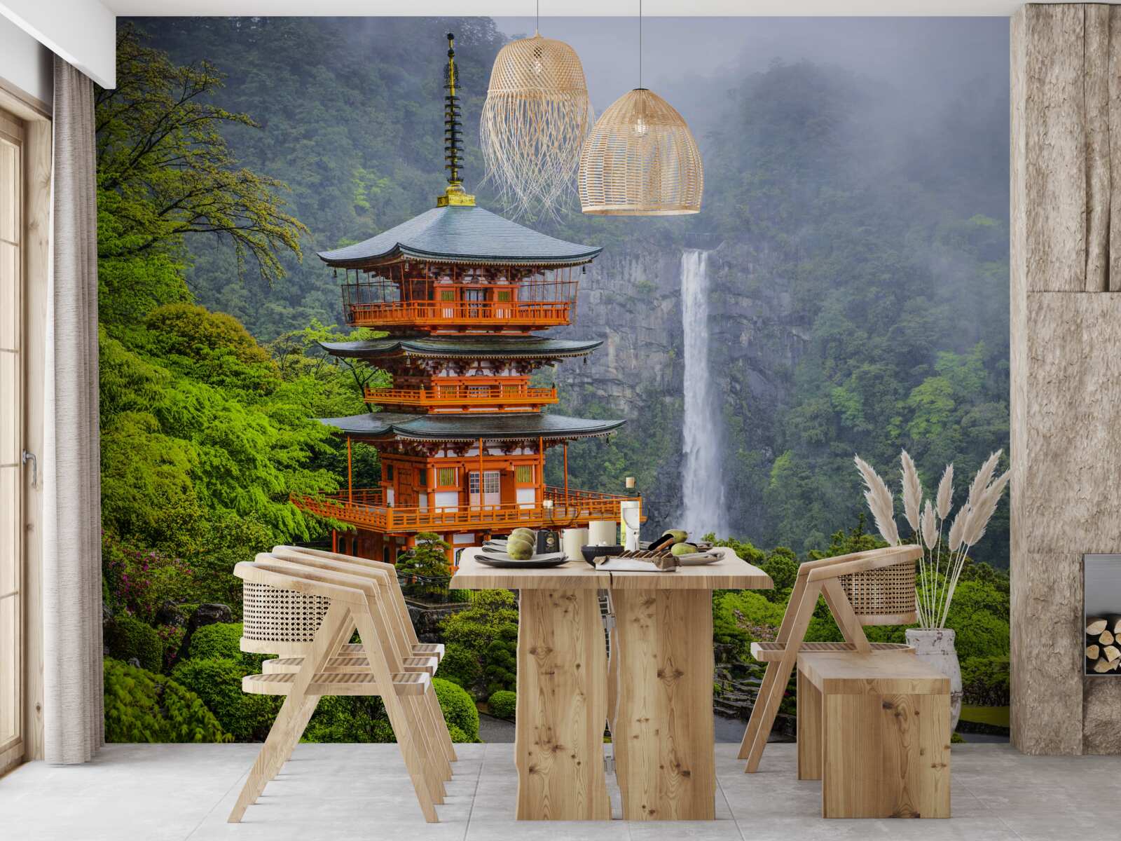 Fototapeta japońska pagoda w pobliżu wodospadu