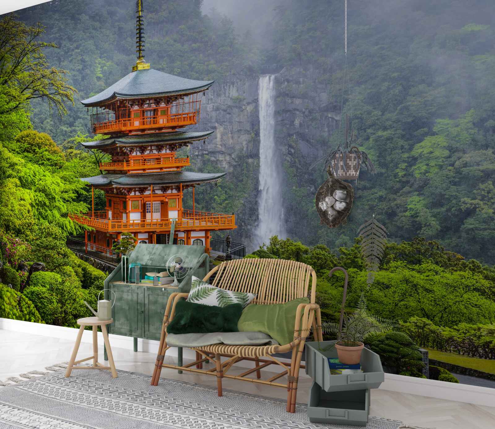 Fototapeta japońska pagoda w pobliżu wodospadu
