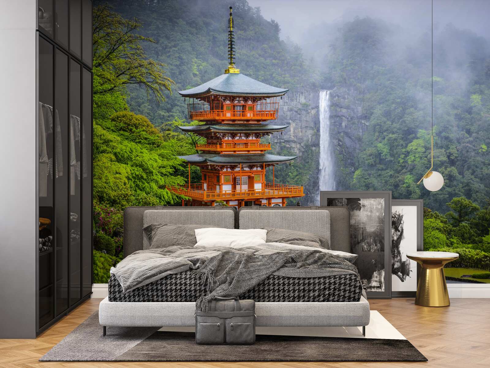Fototapeta japońska pagoda w pobliżu wodospadu