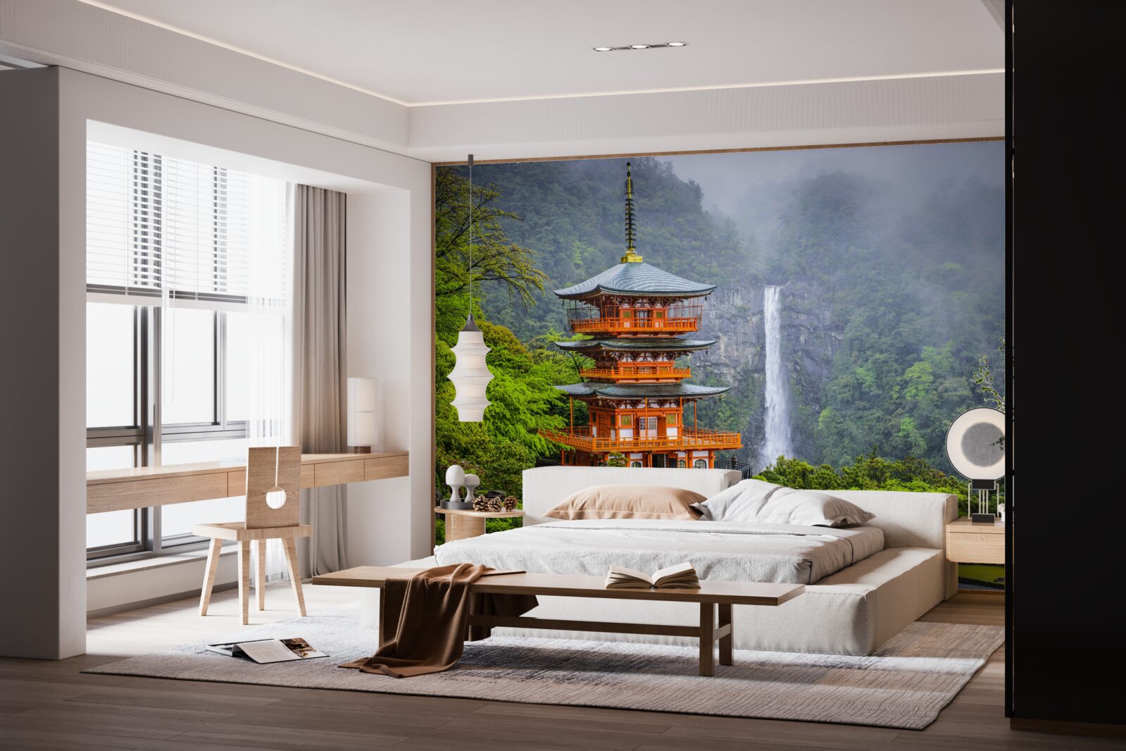 Fototapeta japońska pagoda w pobliżu wodospadu