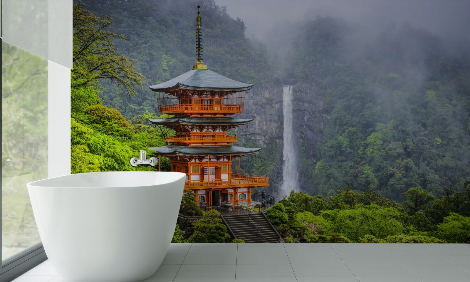 Fototapeta japońska pagoda w pobliżu wodospadu