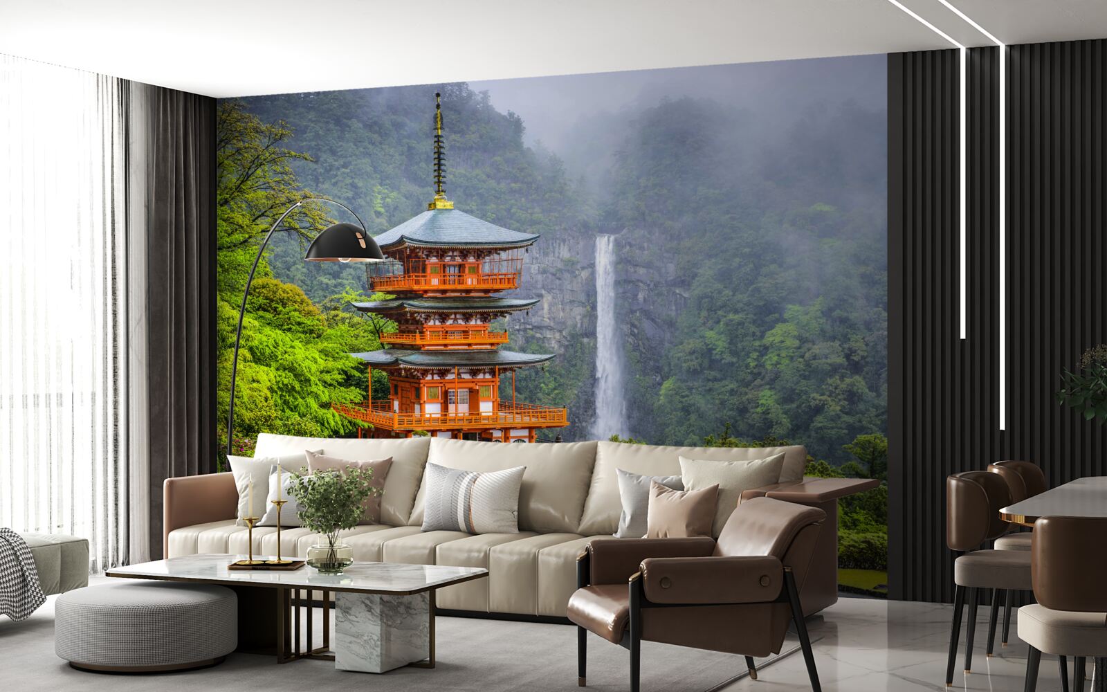 Fototapeta japońska pagoda w pobliżu wodospadu