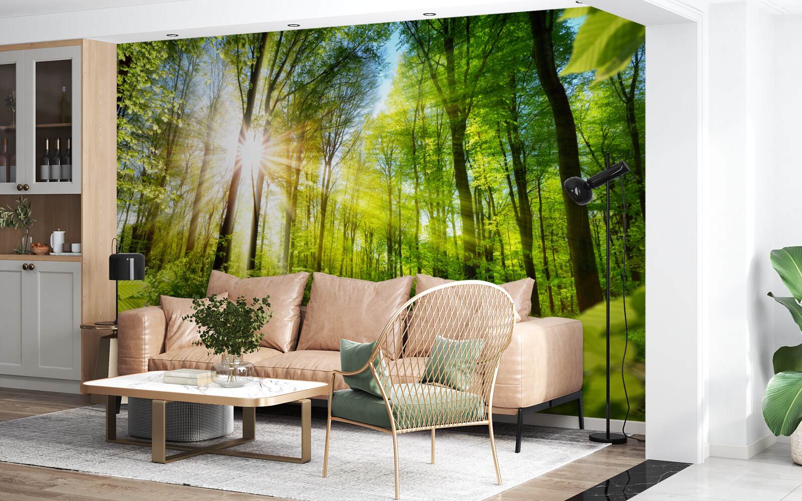 Fototapeta poranne promienie słońca w zielonym lesie