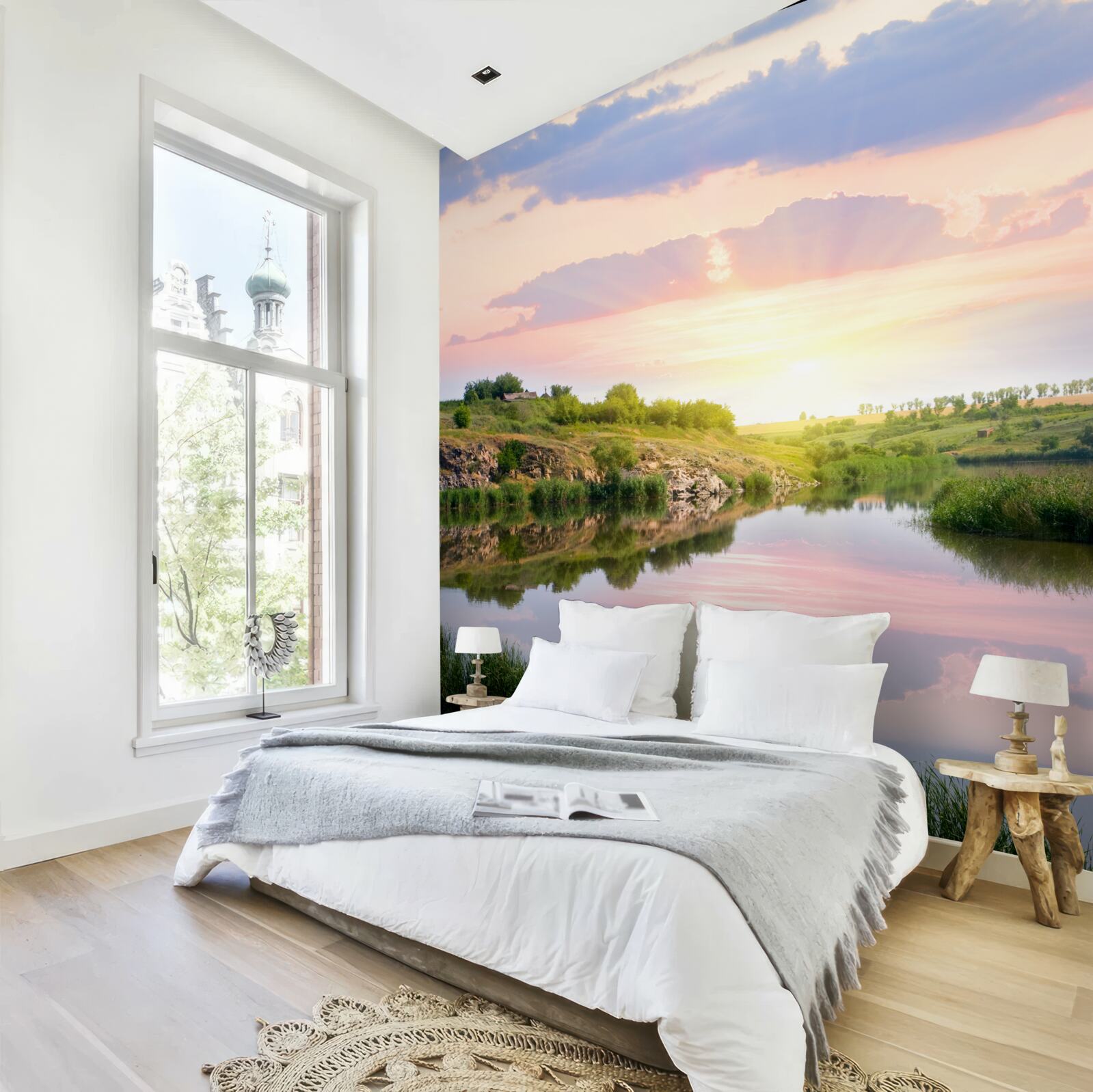 Fototapeta wygodny taras nad spokojną wodą jeziora