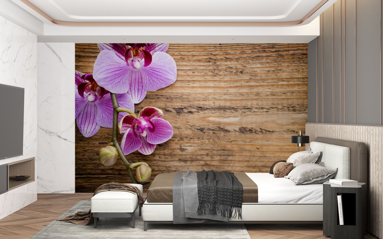 Fototapeta liliowa orchidea na pniu drzewa