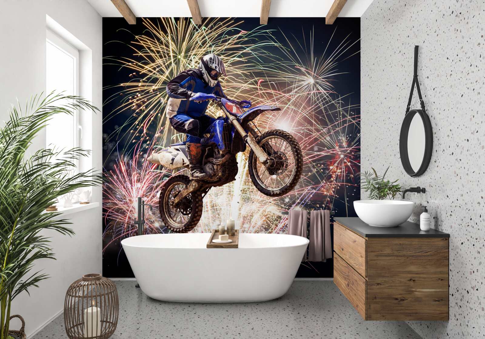 Fototapeta rowerzysta z tyłu fajerwerków