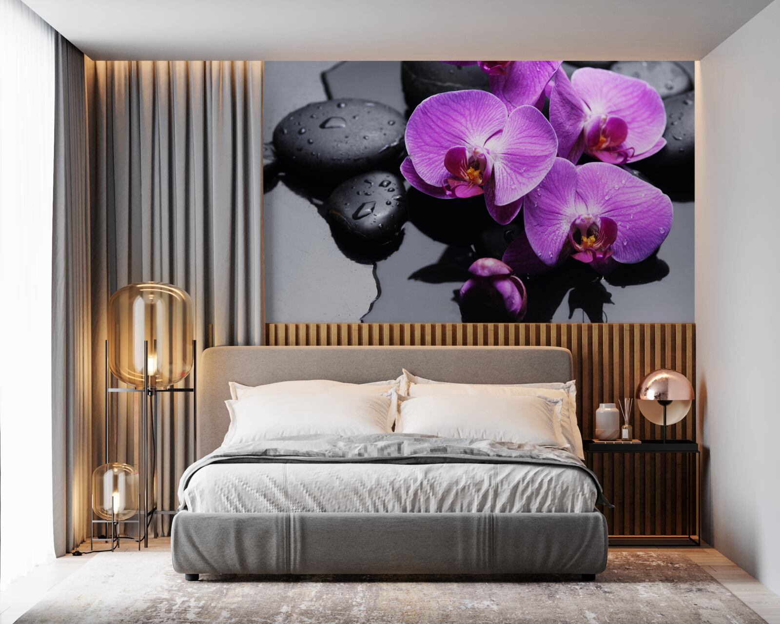 Fototapeta fioletowa orchidea otoczona wodą i kamieniami