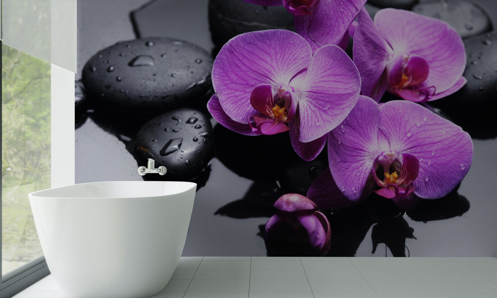 Fototapeta fioletowa orchidea otoczona wodą i kamieniami