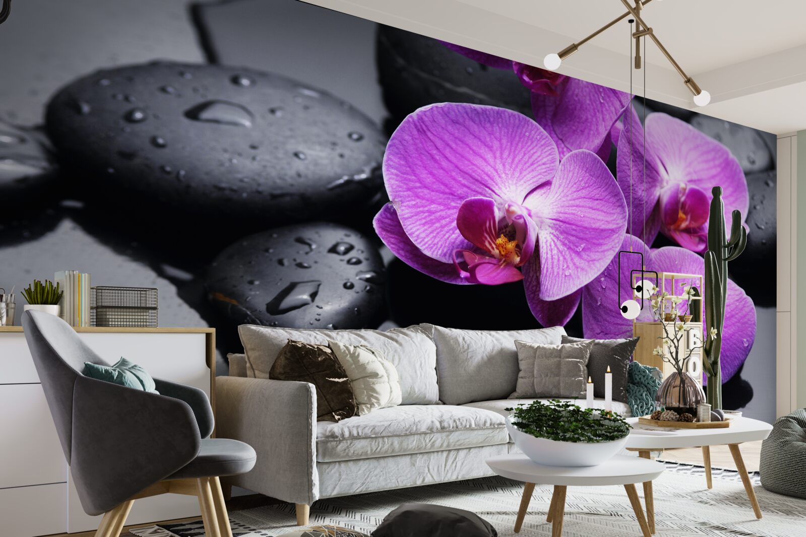 Fototapeta fioletowa orchidea otoczona wodą i kamieniami