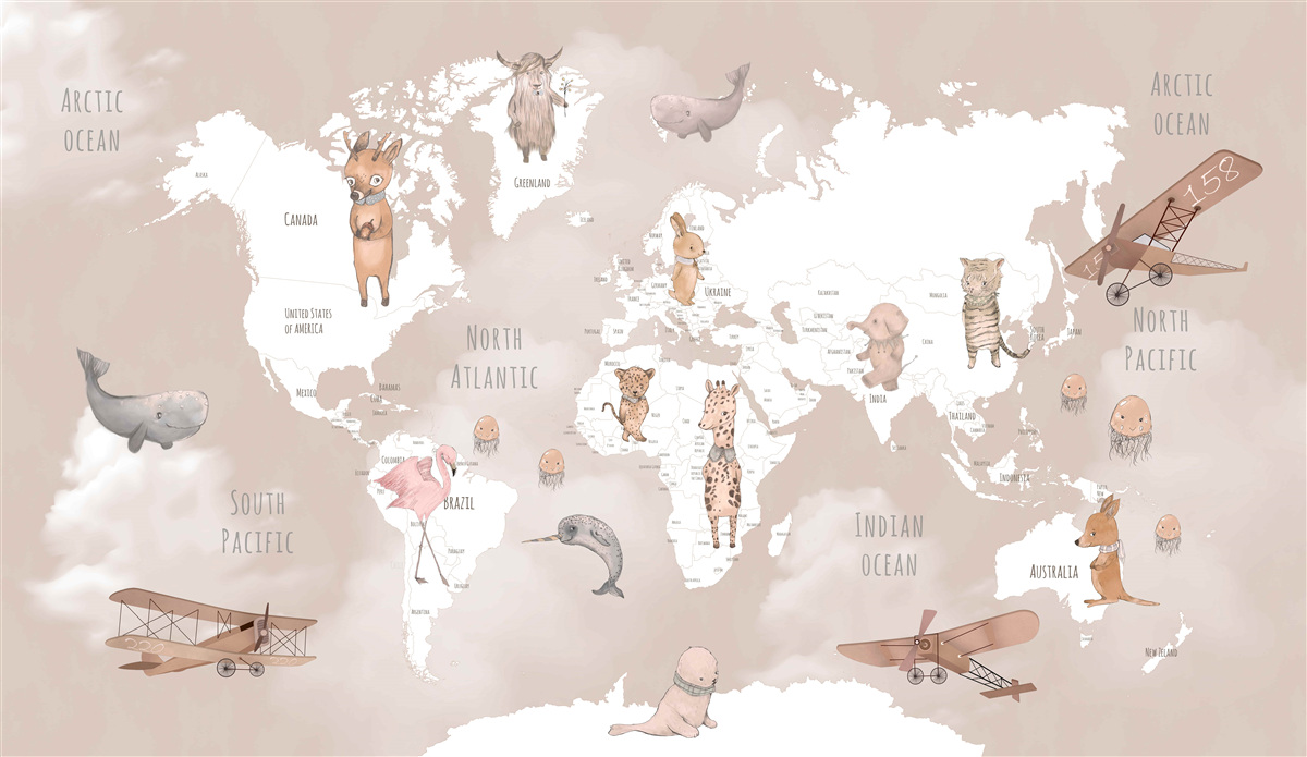 Fototapeta mapa świata z wizerunkami zwierząt i samolotów