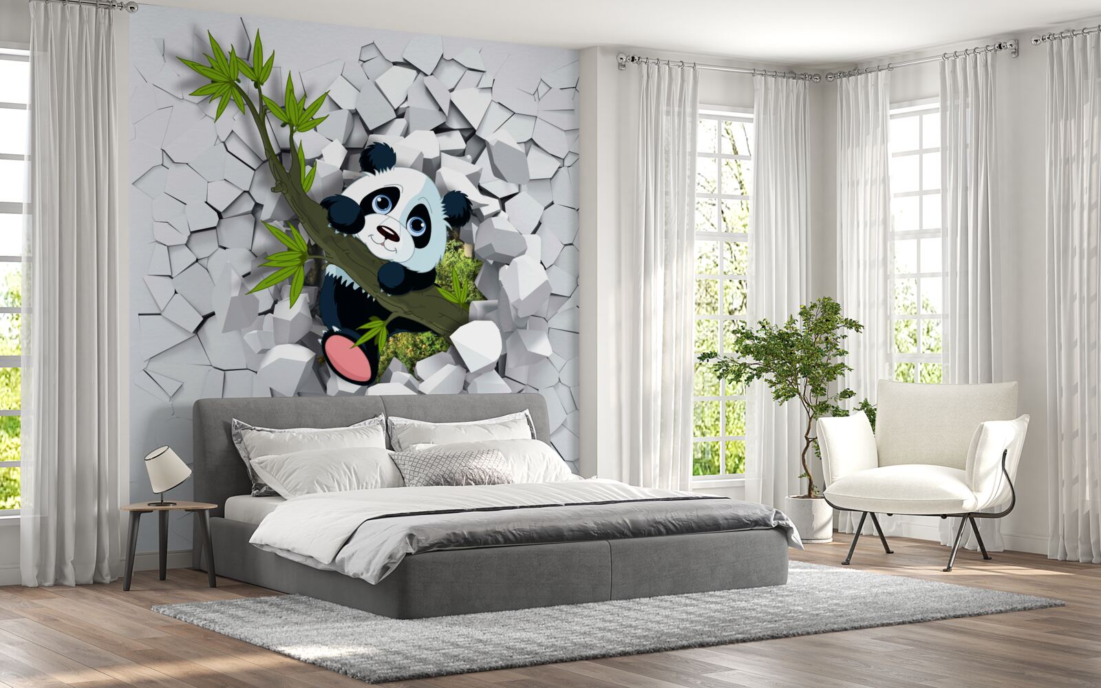Fototapeta panda ostrożnie wygląda ze zrujnowanego ceglanego muru