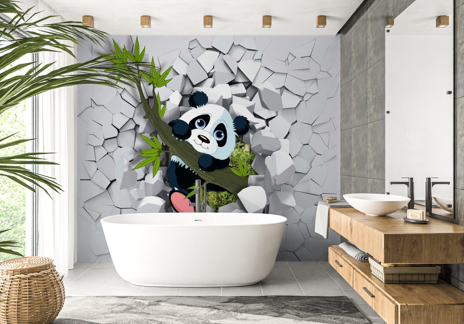 Fototapeta panda ostrożnie wygląda ze zrujnowanego ceglanego muru