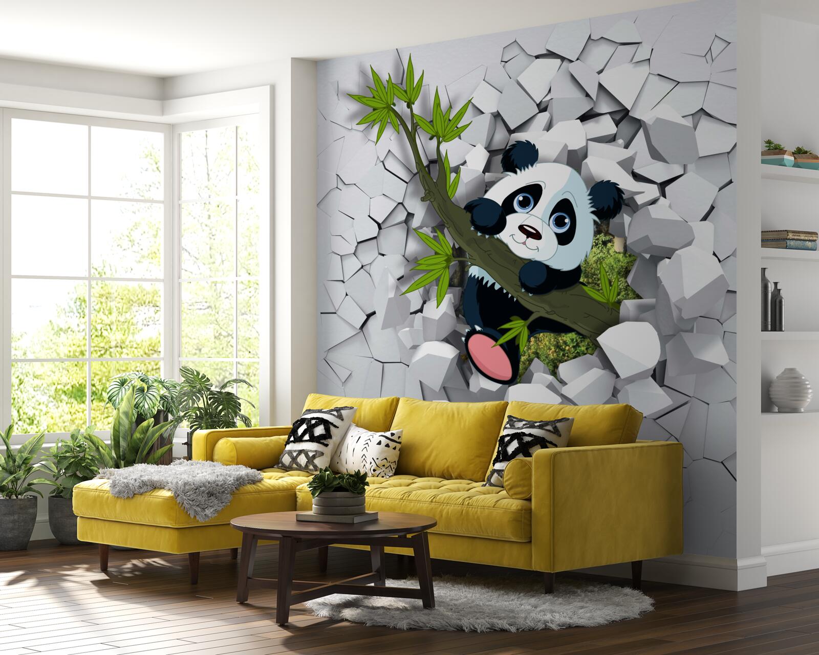 Fototapeta panda ostrożnie wygląda ze zrujnowanego ceglanego muru