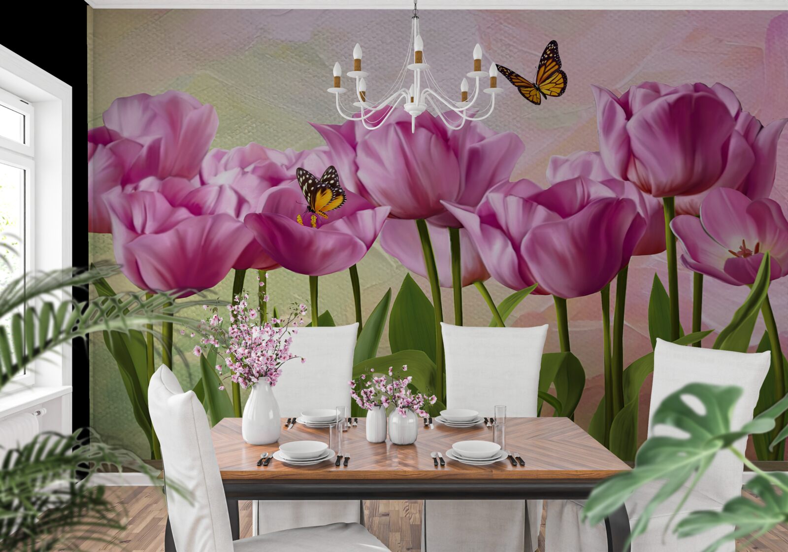 Fototapeta motyle i fioletowe tulipany na polu