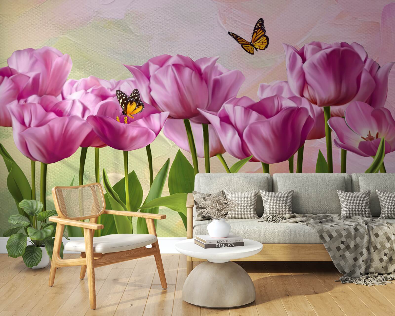 Fototapeta motyle i fioletowe tulipany na polu