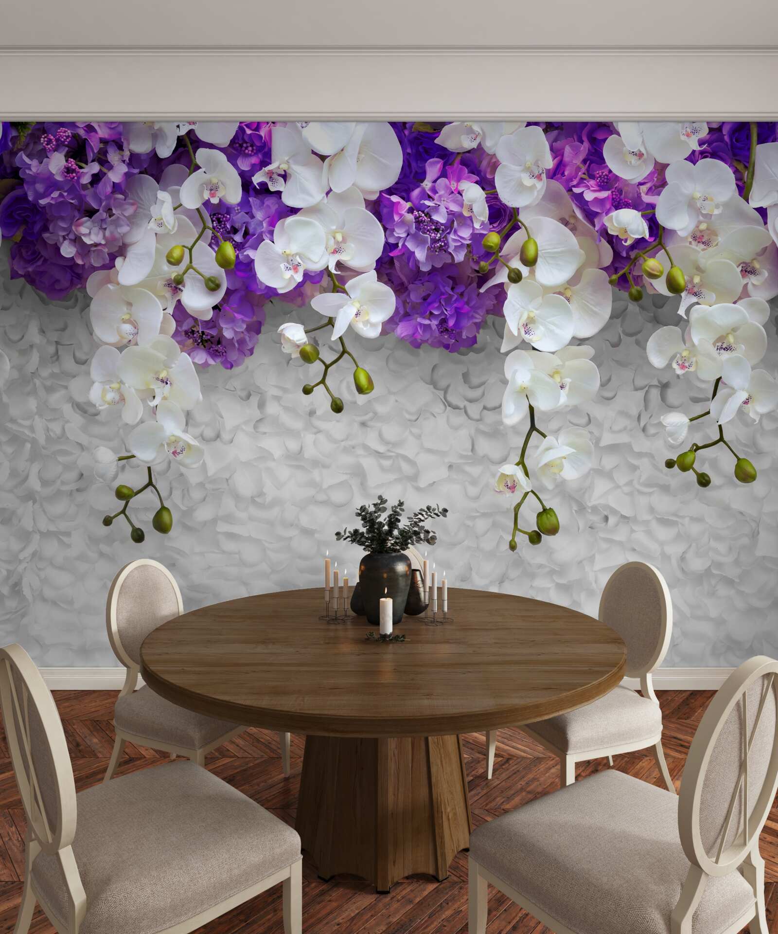 Fototapeta bariera fioletowych roślin i białej orchidei