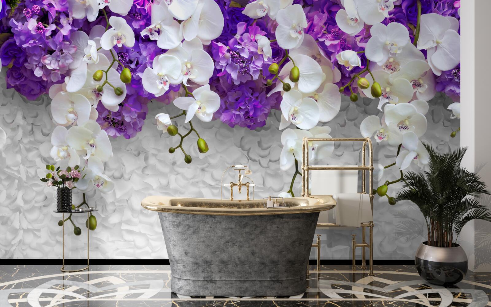 Fototapeta bariera fioletowych roślin i białej orchidei