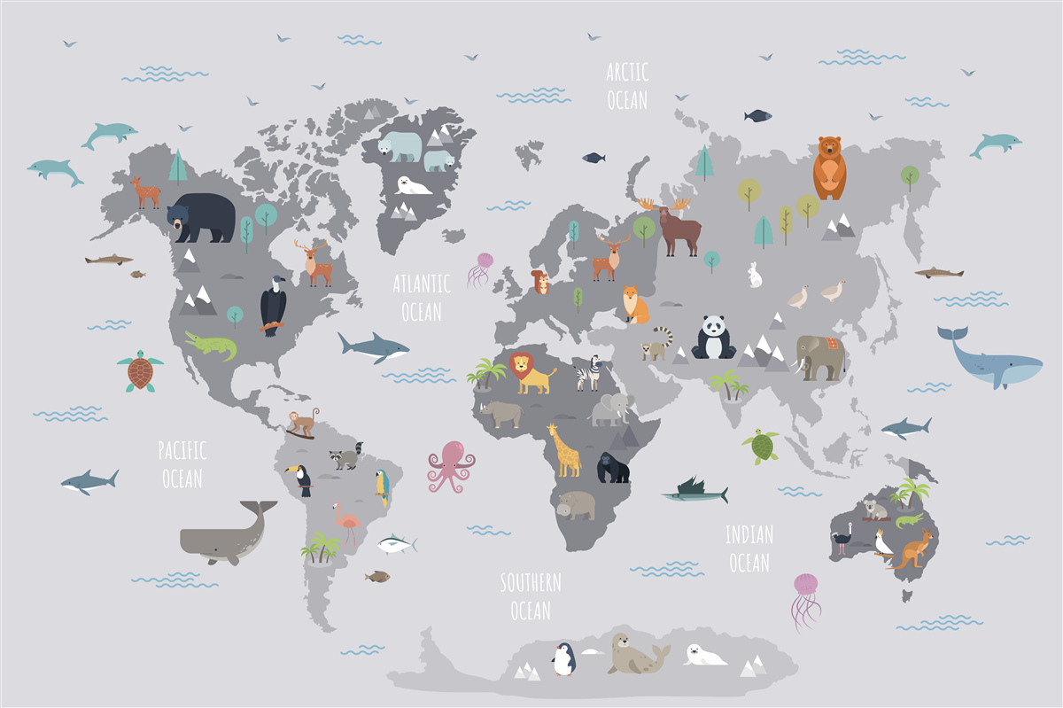 Fototapeta szara mapa świata z wizerunkami zwierząt