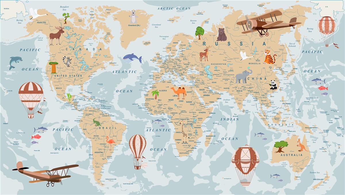 Fototapeta szczegółowa mapa geograficzna świata z różnymi obrazami