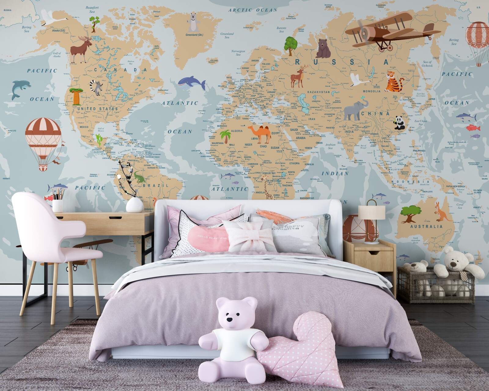 Fototapeta szczegółowa mapa geograficzna świata z różnymi obrazami