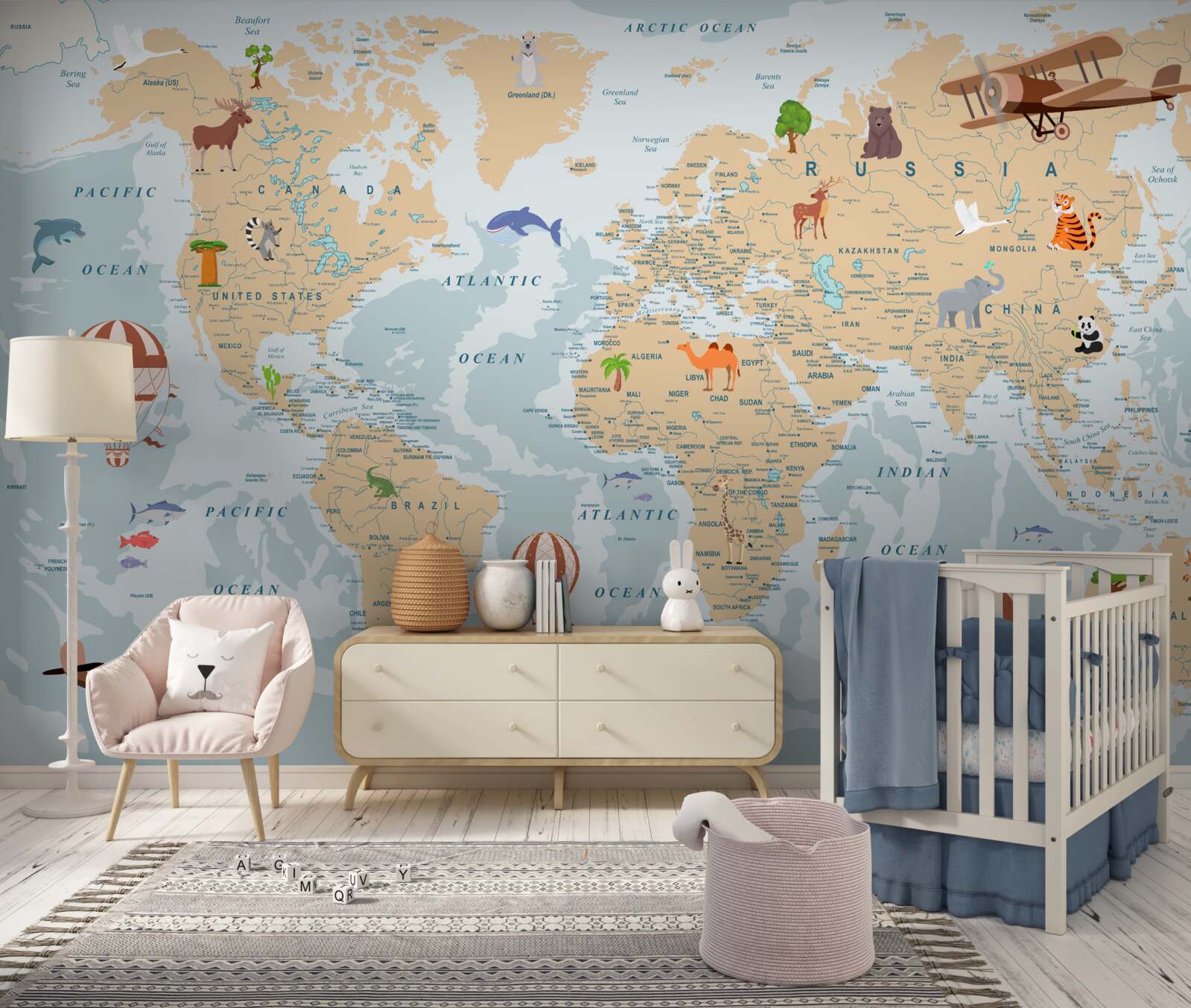 Fototapeta szczegółowa mapa geograficzna świata z różnymi obrazami