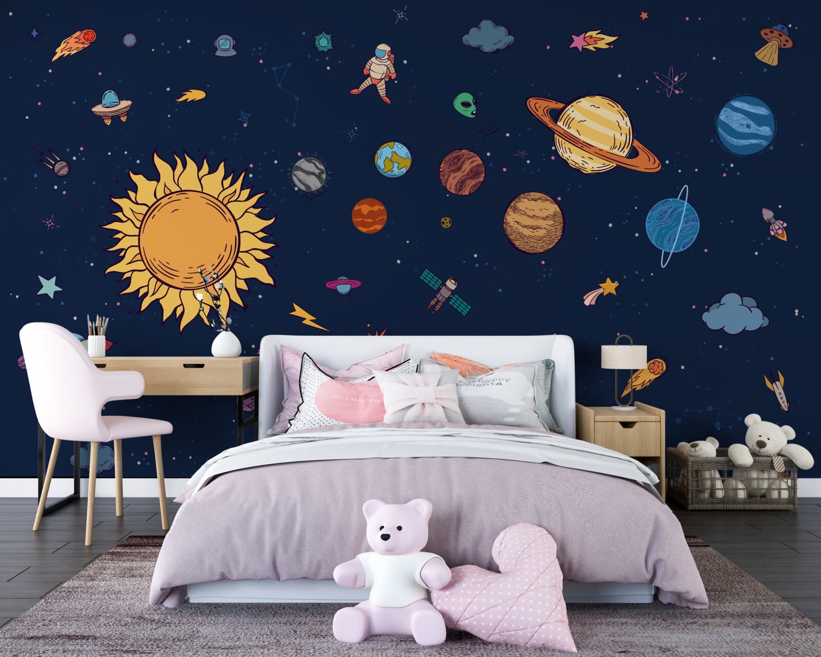 Fototapeta wśród planet, w przestrzeni kosmicznej, jest człowiek
