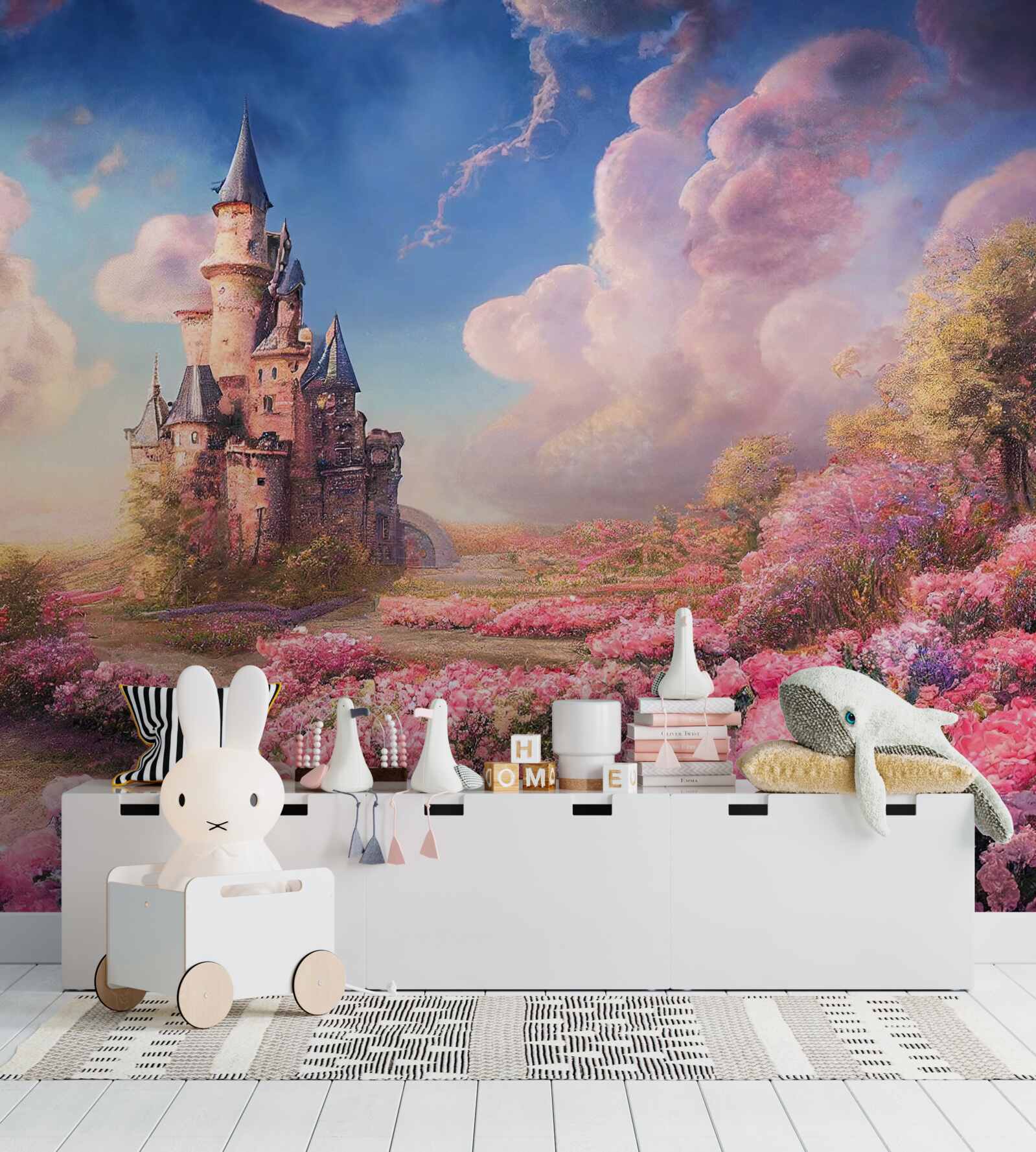 Fototapeta miodowa wioska z roślinami na tle magicznej rezydencji