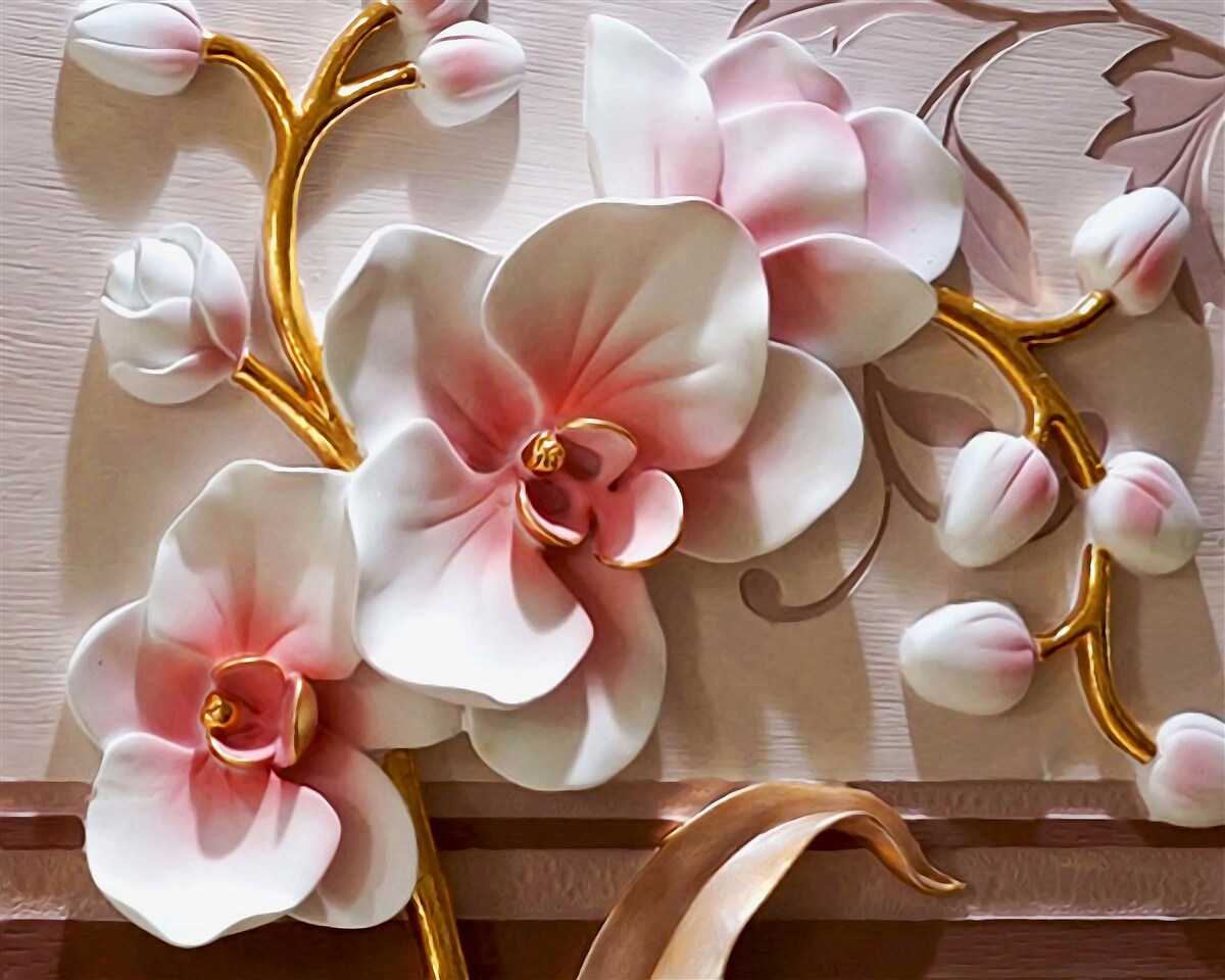 Fototapeta białe orchidee z teksturowanymi śmiercionośnymi motywami