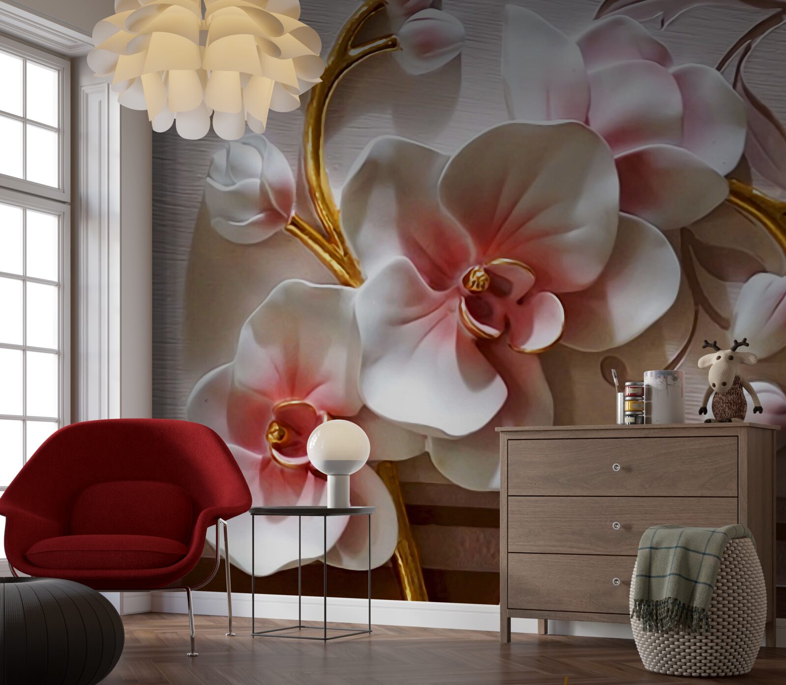 Fototapeta białe orchidee z teksturowanymi śmiercionośnymi motywami