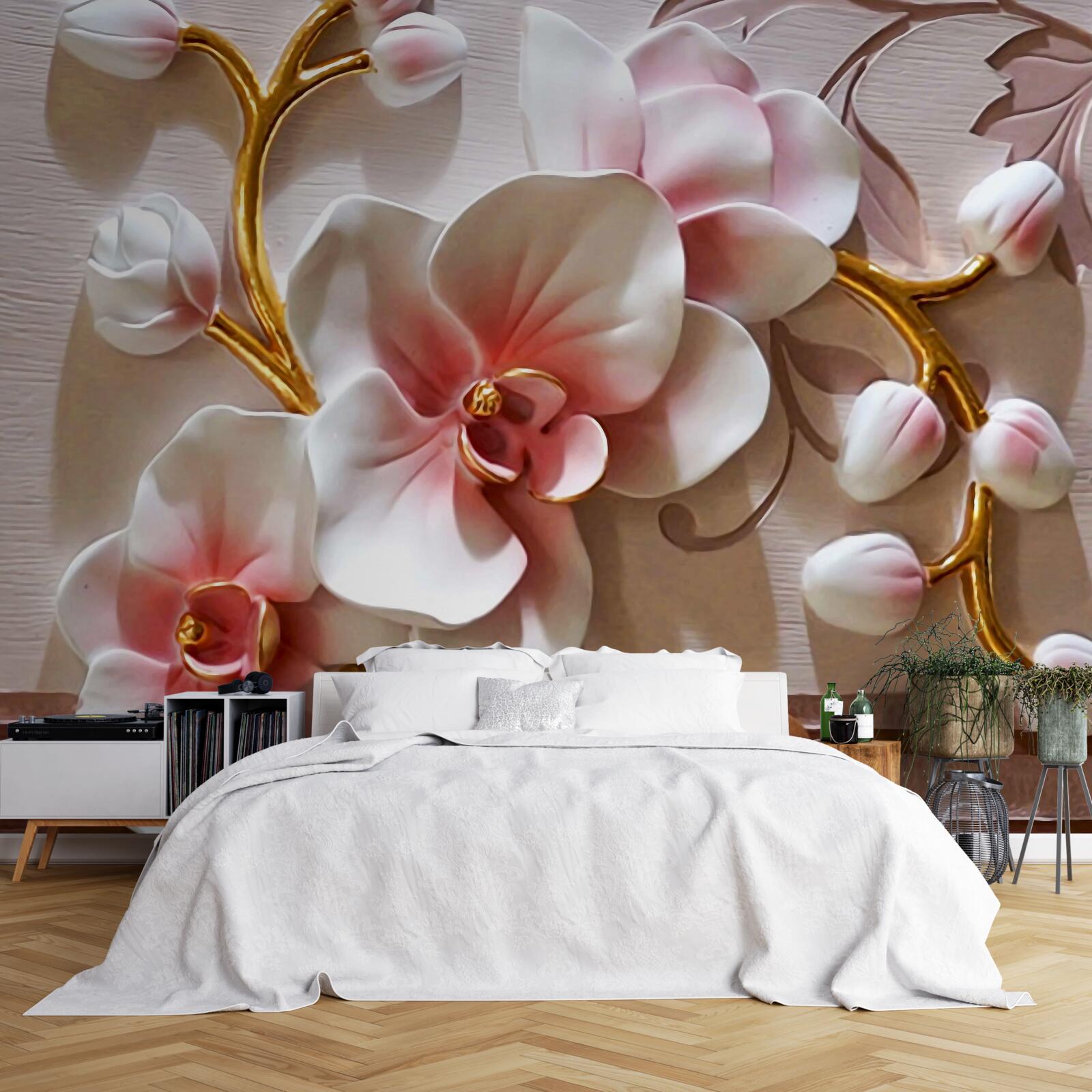 Fototapeta białe orchidee z teksturowanymi śmiercionośnymi motywami