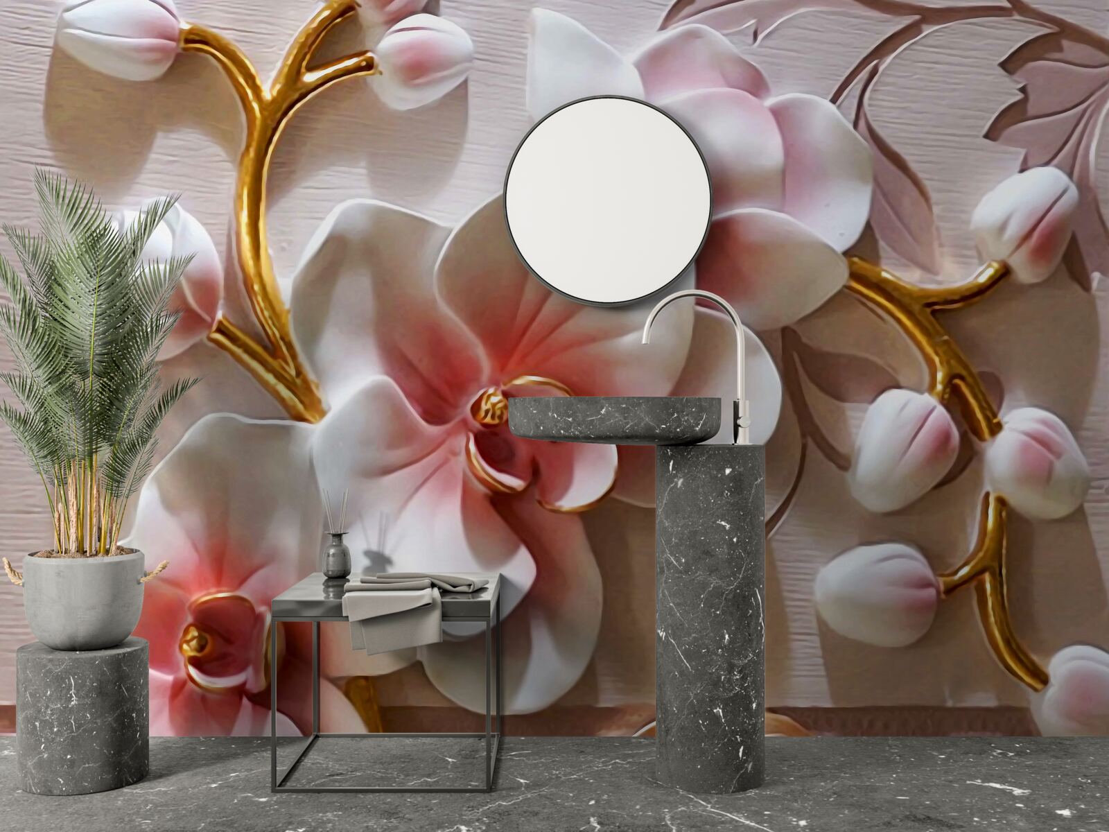 Fototapeta białe orchidee z teksturowanymi śmiercionośnymi motywami