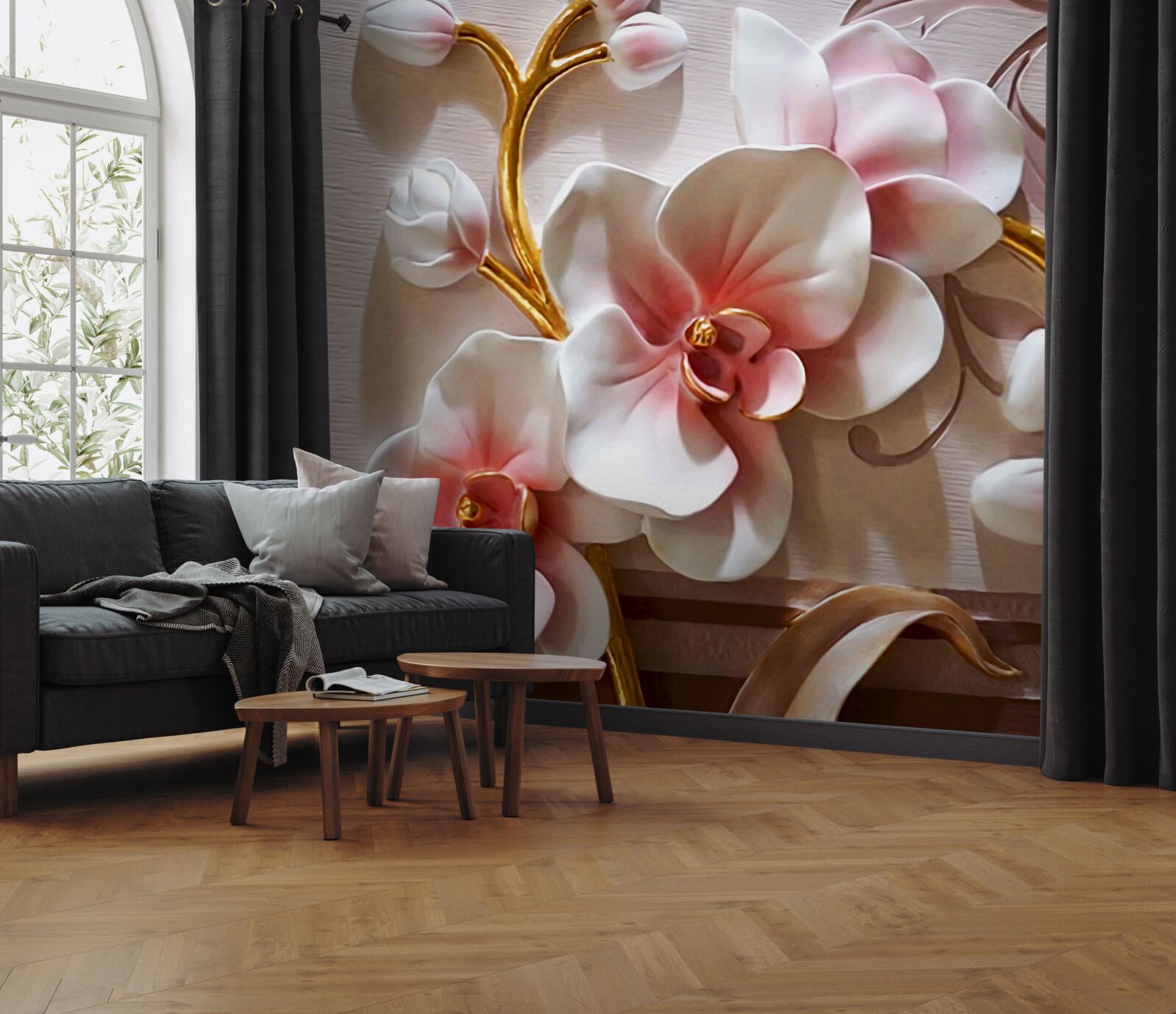 Fototapeta białe orchidee z teksturowanymi śmiercionośnymi motywami