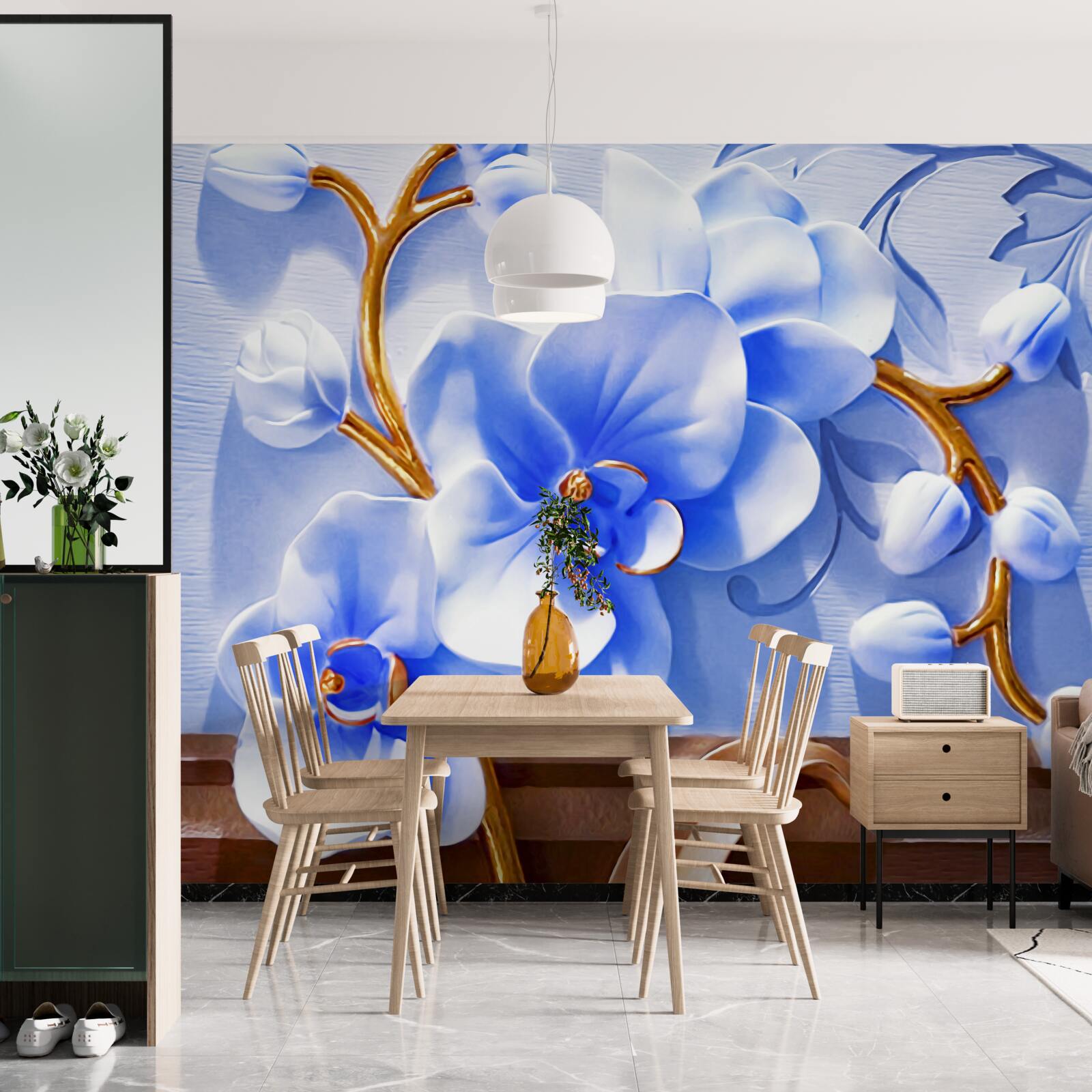 Fototapeta orchidea w niebiańskiej barwie na gałązkach ozdobionych złotem