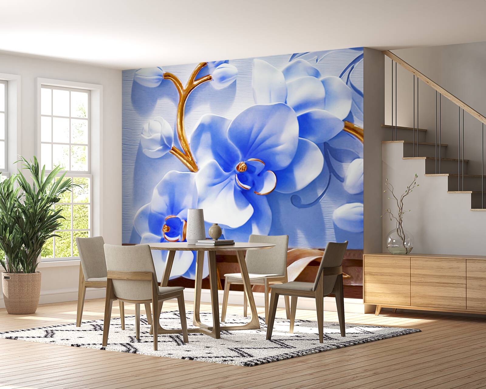 Fototapeta orchidea w niebiańskiej barwie na gałązkach ozdobionych złotem